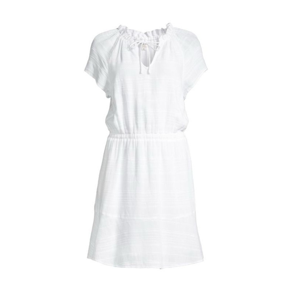 Cloth & Stone White Short Sleeve Ruffle Tie Neck Mini Dress Size M Rayon Linen